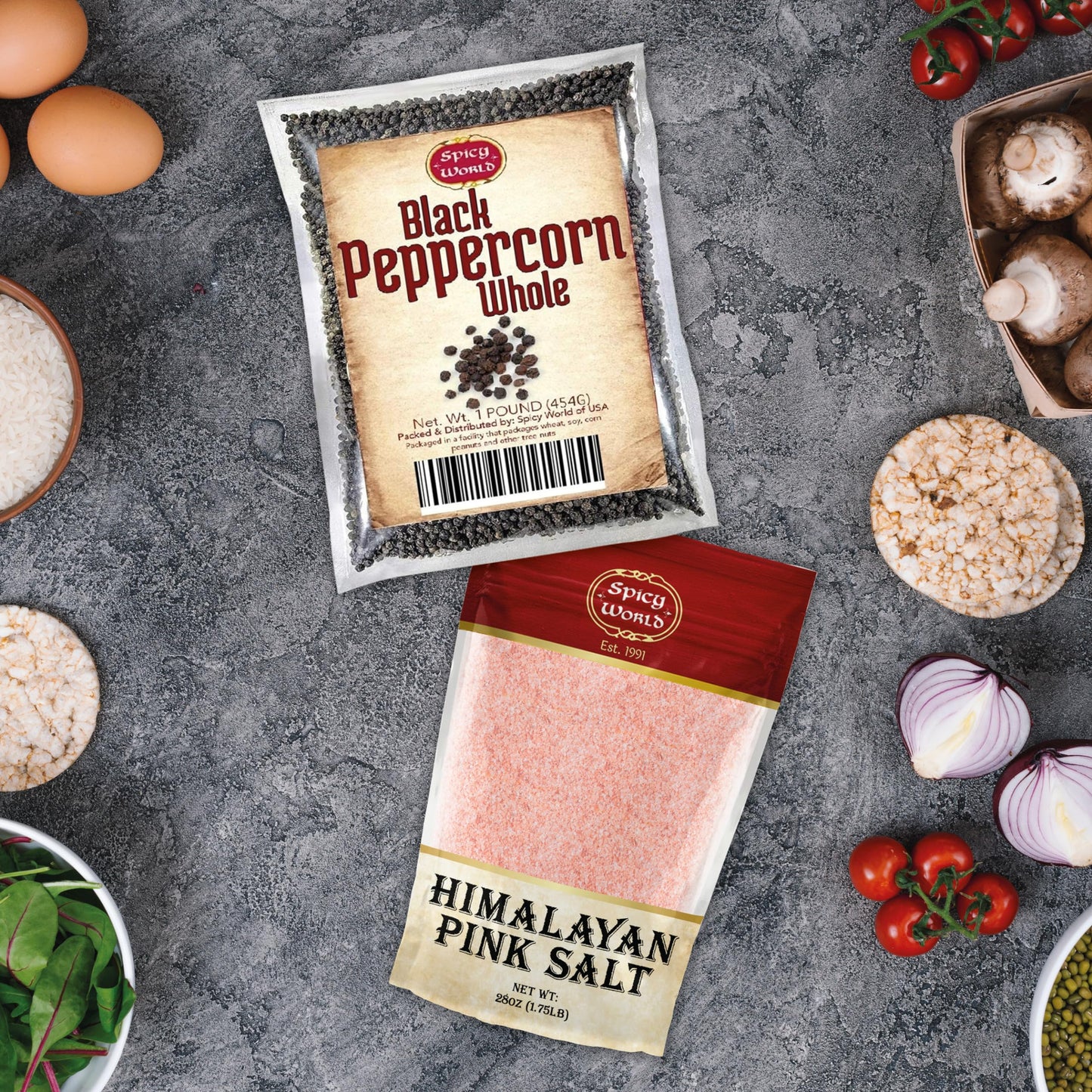 Spicy World Whole Black Peppercorns 16 Oz + Himalayan Pink Salt Fine 1.75 LB (28 Oz)