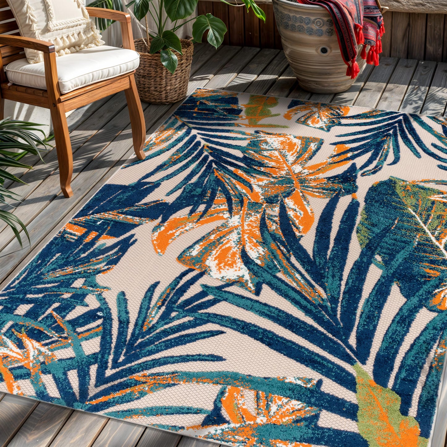 Rugshop Tropical Floral Leaves Indoor/Outdoor Area Rug Durable Polypropylene, Non-Shedding, Easy to Clean, Perfect for Patio, Backyard, Deck and Outdoor Lounge, High Traffic Areas, 5' x 7'