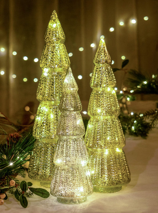 Red Co. 10.5”, 12.5”, 14.5” Light-Up Mercury Glass Christmas Tree Tabletop Display Figurine Set of 3 Sizes, Teal Blue