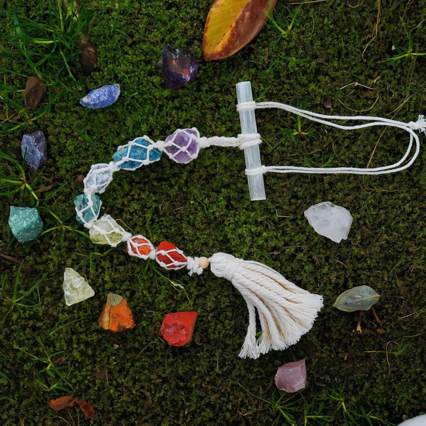 Selenite Crystal Hanging Chakra Wall Decor, Handmade Large 7 Healing Natural Stones, Spiritual Good Luck Ornament for Yoga Meditation Accessories Reiki Anxiety Relief, Gift for Women and Kids