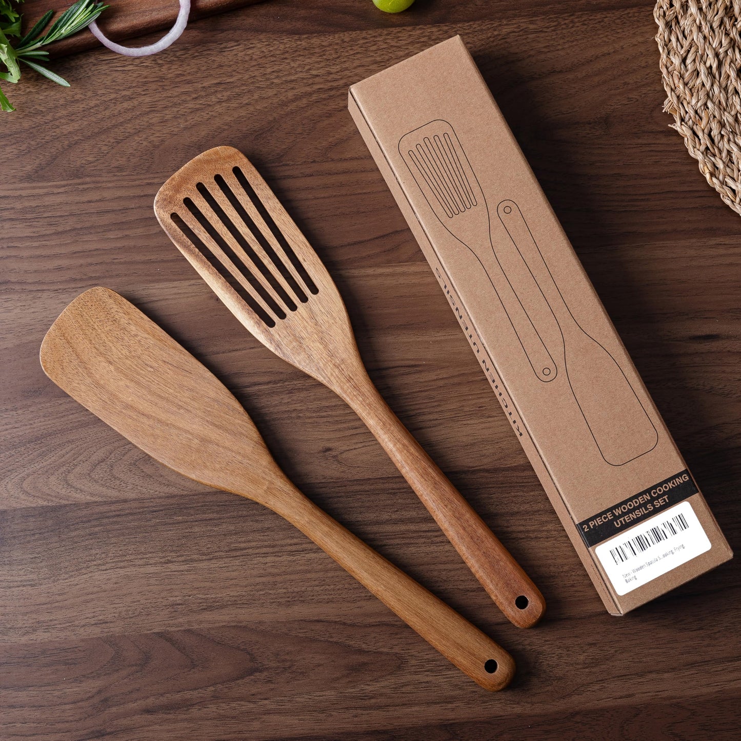 Wooden Spatulas & Spurtle Sets of 2, 13.25" Durable Flat Turner and Slotted Spatula for Nonstick Cookware, Long Handle Natural Acacia Wooden Cooking Utensils, Kitchen Utensils Set for Cooking