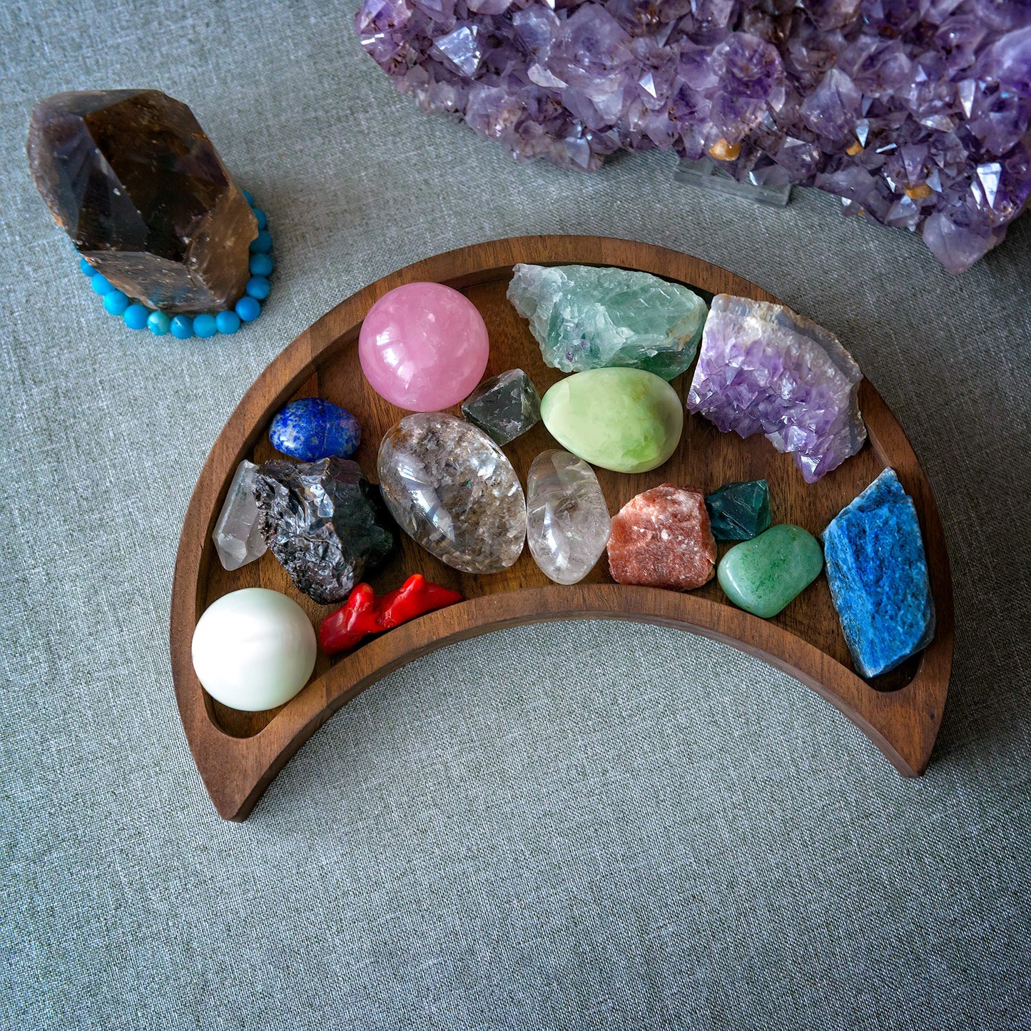 Curawood Crescent Moon Tray - Showcase Your Gems, Healing Stones & Treasures - 10x5 Wooden Crystal Display Tray, Crystal Holder for Stones Display Shelf, Gemstone Rock Holder Charging Bowl, Walnut, L