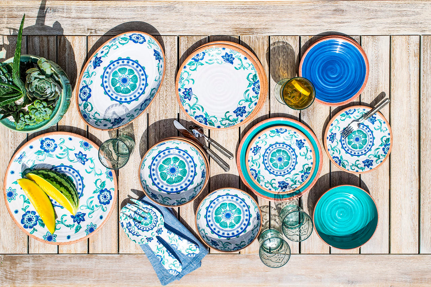 TarHong Rio Turquoise Floral Oval Serve Bowl, 13.1" x 2.6", 91.3 oz, Melamine
