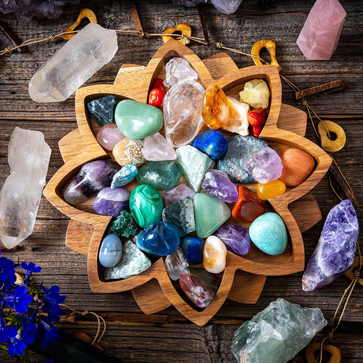 Curawood Lotus Crystal Display Tray - Showcase Your Gems, Healing Stones & Treasures - 8"x8" Wooden Rock Bowl, Crystal Holder for Stones Display Shelf, Gemstone Rock Holder Charging Bowl (Blossom)