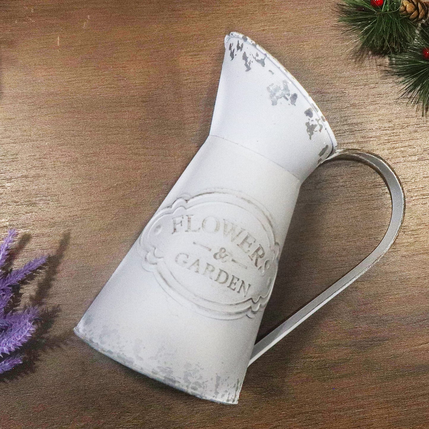 Rustic Vase for Flowers, Small White Metal Shabby Chic Jug, Farmhouse Vase for Home, Kitchen,Living Room - 8.7"(White)