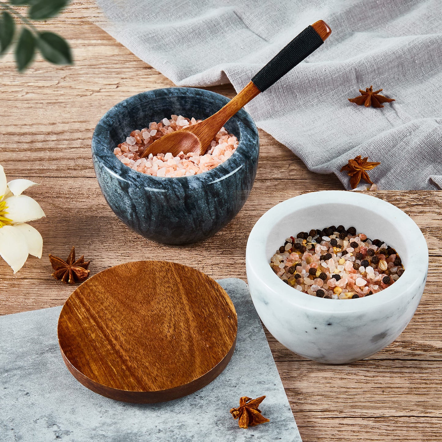MarcZero Large Salt Box Spice Seasonings Keeper Pepper Container,Marble Base with Wooden Cover,Salt Cellar Big Capacity Elegant Design (Dark Grey)