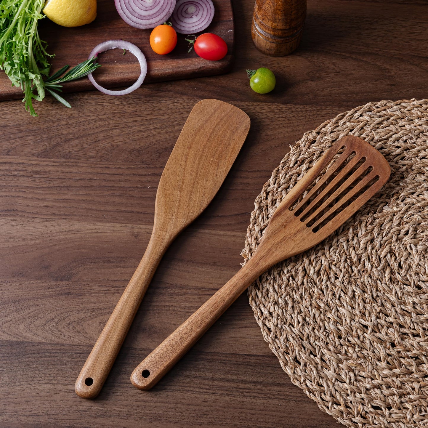Wooden Spatulas & Spurtle Sets of 2, 13.25" Durable Flat Turner and Slotted Spatula for Nonstick Cookware, Long Handle Natural Acacia Wooden Cooking Utensils, Kitchen Utensils Set for Cooking