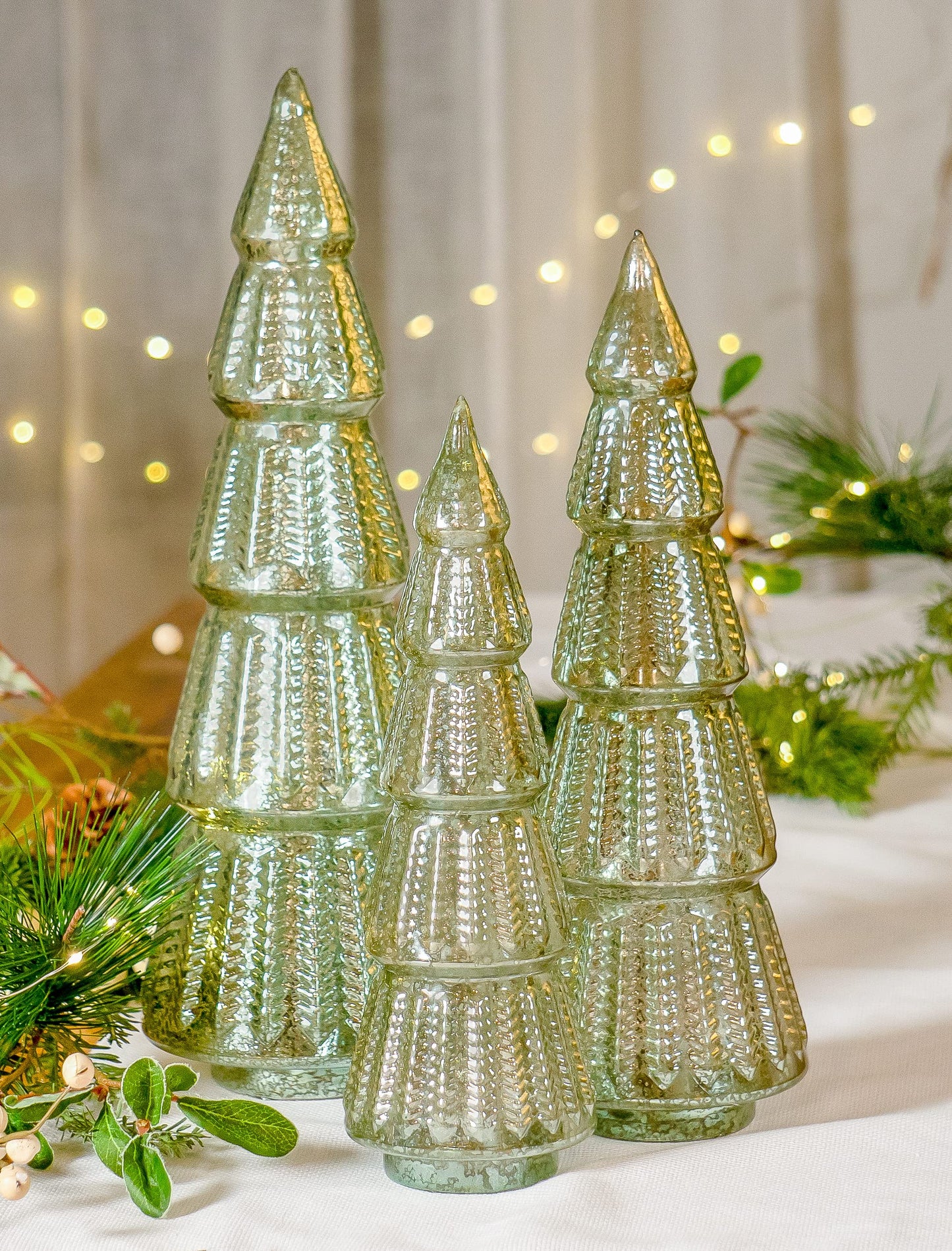 Red Co. 10.5”, 12.5”, 14.5” Light-Up Mercury Glass Christmas Tree Tabletop Display Figurine Set of 3 Sizes, Teal Blue