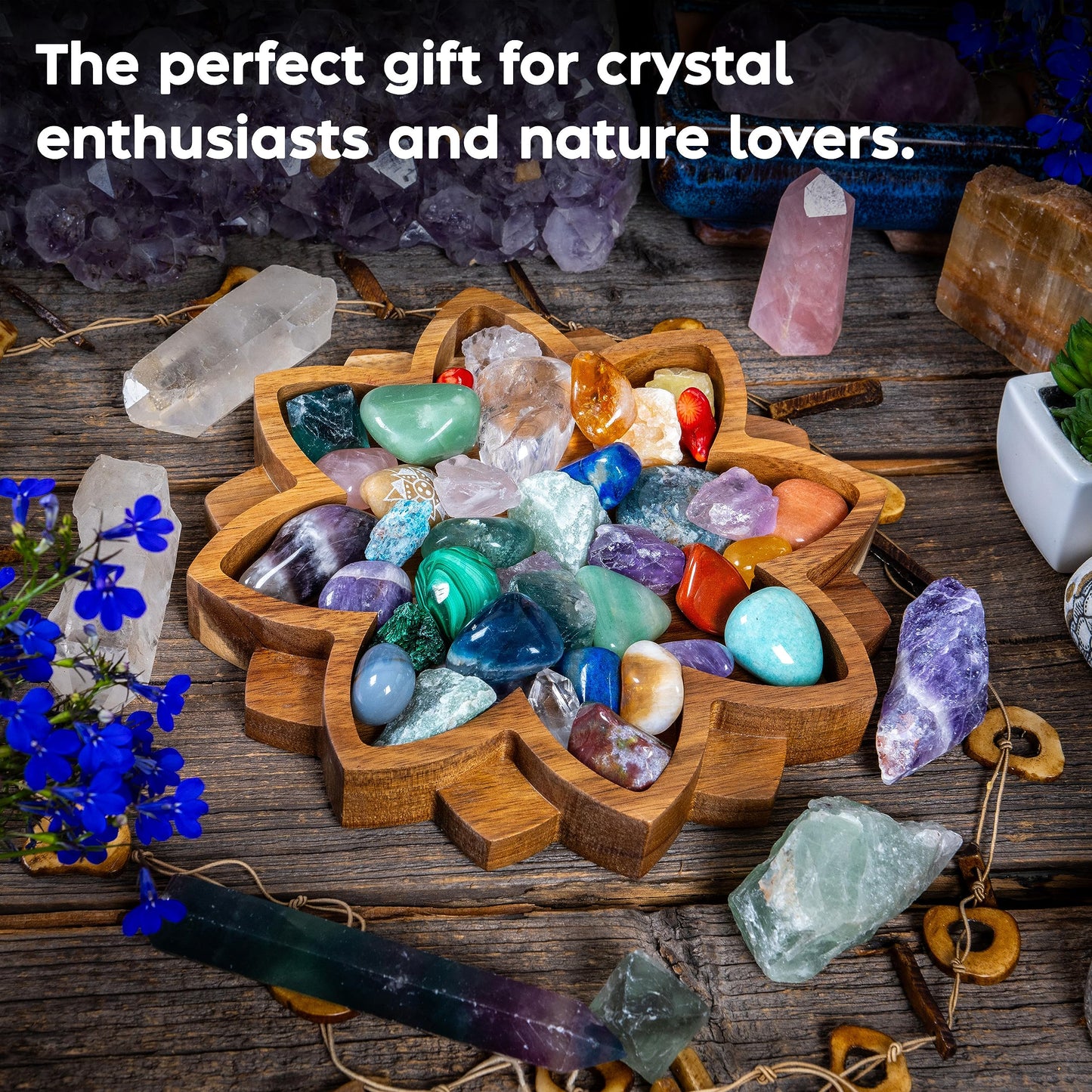Curawood Lotus Crystal Display Tray - Showcase Your Gems, Healing Stones & Treasures - 8"x8" Wooden Rock Bowl, Crystal Holder for Stones Display Shelf, Gemstone Rock Holder Charging Bowl (Blossom)